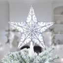 Brightown Christmas Tree Topper Star Lighted 3D Hollowed Sliver Pentagram Built-in 10 Bulbs Glitter Sparkling White Christmas Tree Star Topper Plug in Vintage Indoor Holiday Xmas Decorations Ornaments
