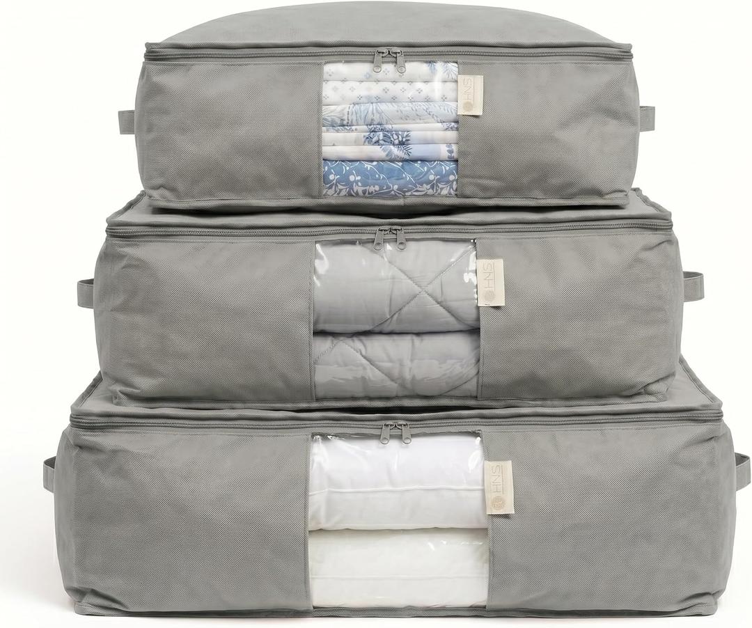 Cedar Storage Bag Organizer for Bedding Set - Protects from Moths, Moisture, Dirt & Dust - Set of 3 Storage Bags for Bed Sheets, Comforter, Pillows & More - Space-Saving Bedding Organizer, Gray