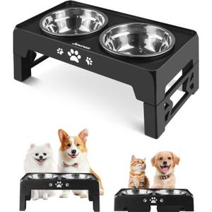 Elevated Dog Bowls, Dog Feeder with 2 Stainless Steel Dishes, 2 Heights Adjustable Raised Stand for Small Dogs, Food Dishes with Non-Slip Feet (Black)
