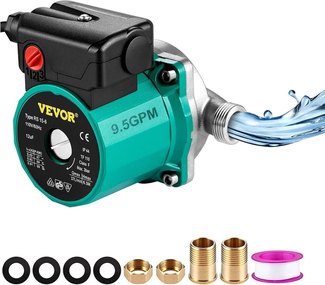 VEVOR Hot Water Recirculating Pump, 93W, 110V Water Circulator Pump, Circulation Pump, 3/4 G Thread to 1/2 NPT Brass Adapter, Stainless Steel Head, 3 Speed Control for Electric Water Heater System