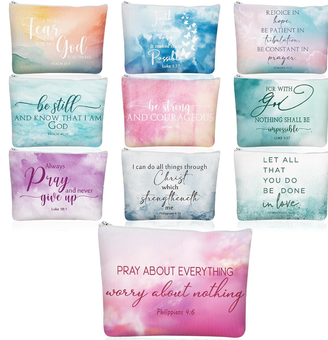 10Pcs Christian Gifts for Women Religious Cosmetic Bags Inspirational Bible Verse Pencil Pouch Canvas Makeup Bags Bulk with Zipper for Mother Sister Church Favors