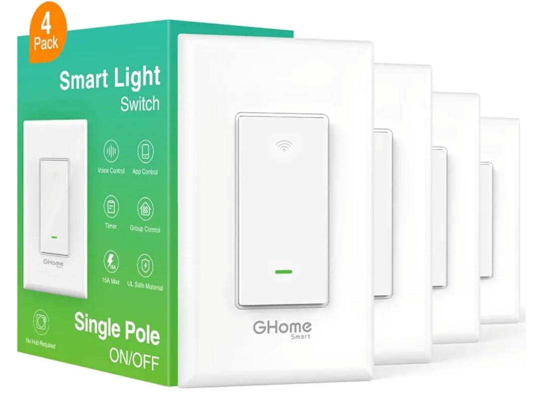 GHome Smart Smart Switch, 2.4Ghz Wi-Fi Light Switch Compatible with Alexa, Google Home, Neutral Wire Required, Single-Pole,UL Certified,Voice Control and Timer,No Hub Required,4pack, White (SW5-4)