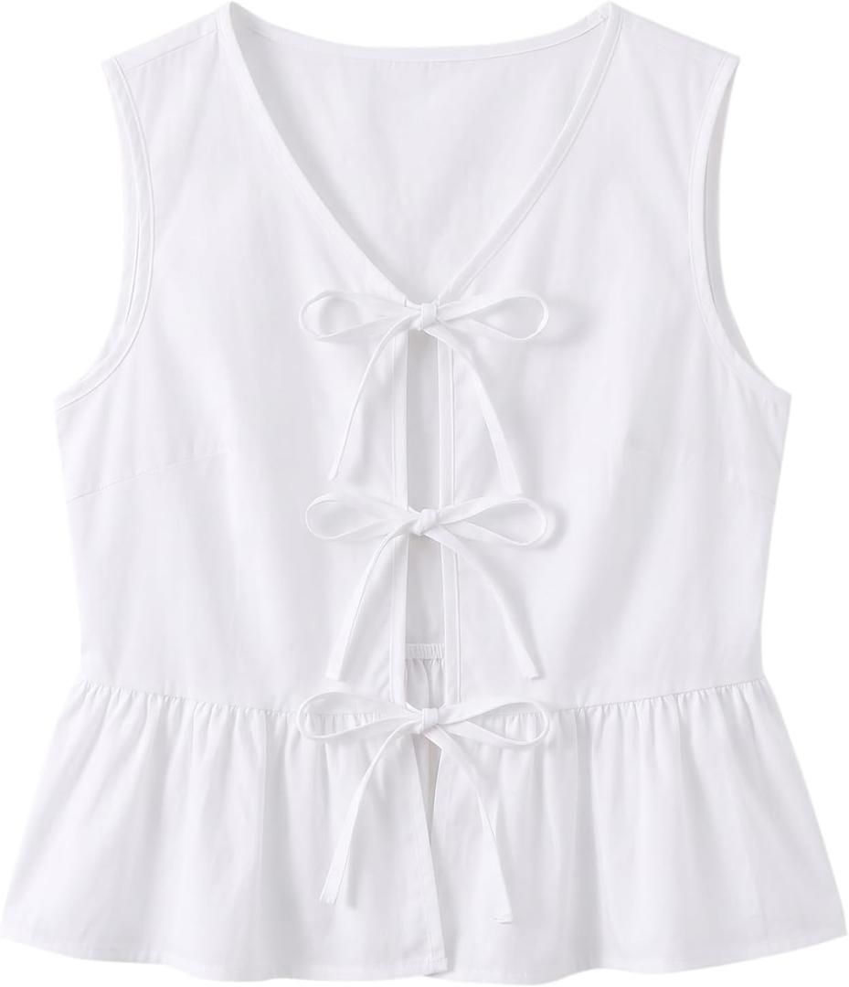 Avanova Women Tie Front Tank Tops Striped Peplum Blouse White Medium (White)