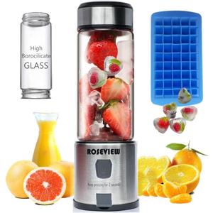 Portable Smoothie Blender ROSEVIEW Glass Cordless Mini Shakes Cup blend for smoothies USB rechargeable juicer 2 battery Handheld Personal travel Jet mixer (BLK Steel)