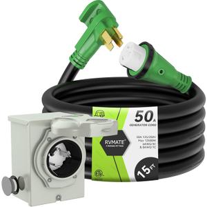 RVMATE 50 Amp Generator Cord 15FT and Pre-Drilled 50Amp Power Inlet Box Kit, 125/250Volts, NEMA 14-50P to SS2-50R Power Cord, ETL Listed, NEMA SS2-50P Inlet Box Waterproof