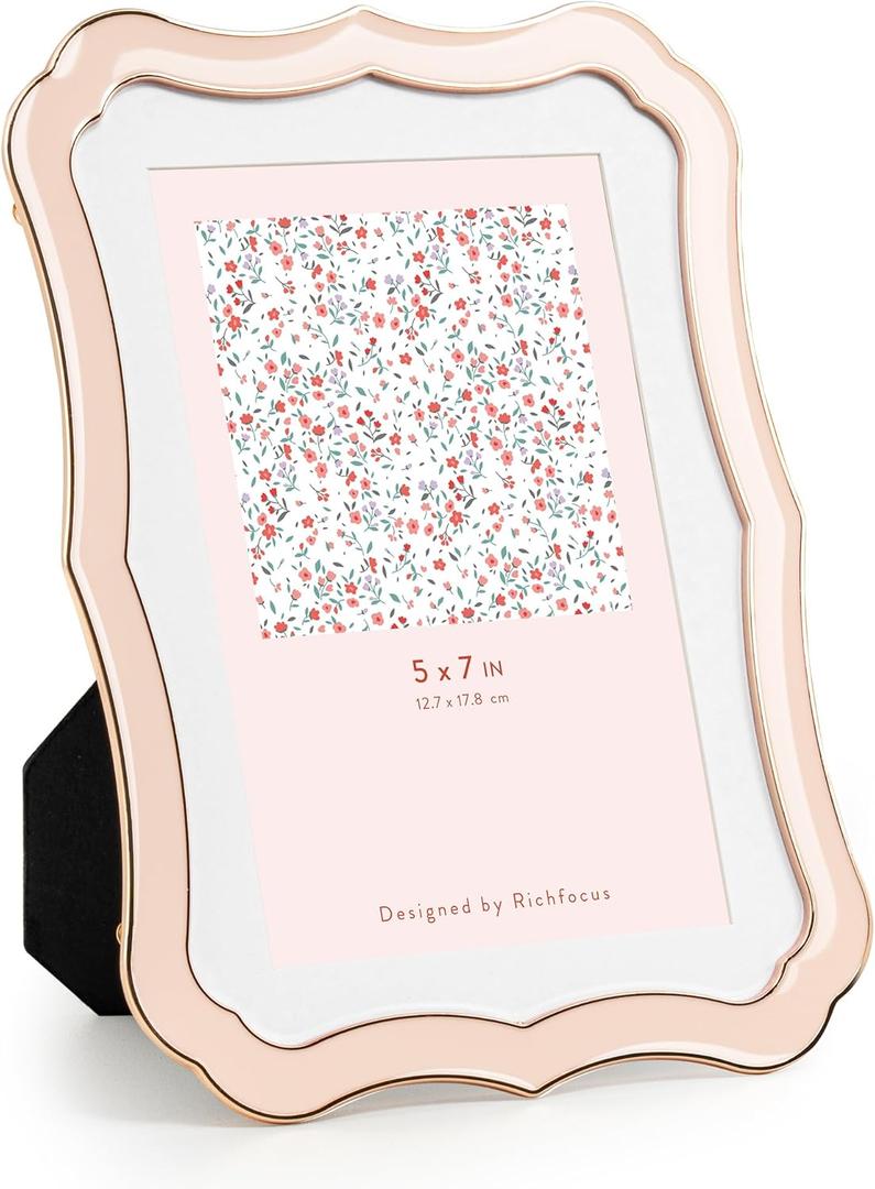 5x7 Enamel Picture Frame with HD-Tempered Glass, Display 4x6 Photo with Mat, Ornate Photo Frame with Gold Metal Edge & Velvet Back for Tabletop & Wall Mount Vertically or Horizontally Display, Pink