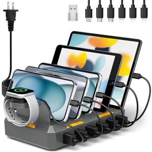 Charging Station for Multiple Devices, Honcila 50W Multiple Charger Station Charging Dock for iPhone iPad Cell Phone Tablet and More - 6 Port Multi Charging Station with 6 Mixed Cables (Space Gray)