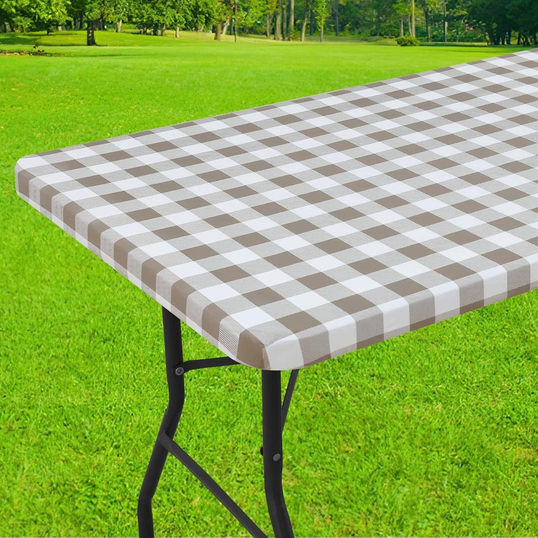 Smiry Rectangle Picnic Table Cloth, Elastic Waterproof Fitted Vinyl Tablecloths, Flannel Backed Buffalo Plaid Table Covers for Dining, Camping, Outdoor (White and Khaki, 30" x 72")