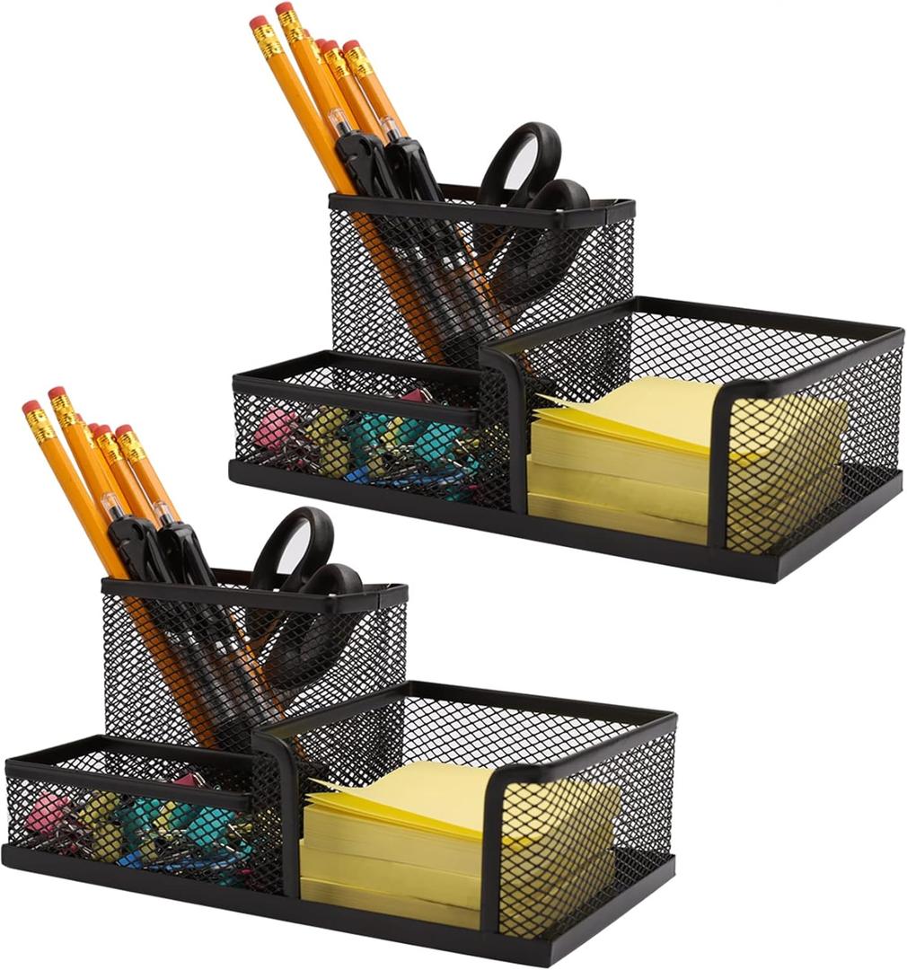 Ludato 2 Pieces Mesh Pen Holder Desk Organizers and Accessories for Desk3 Compartments Black Pencil Holder for Office Supplies Gifts for Colleague