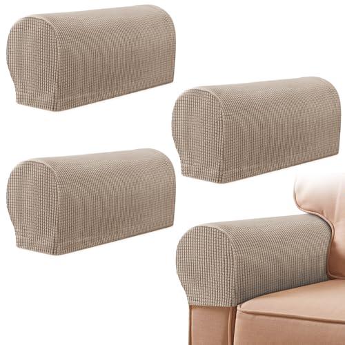 Sofa Arm Covers, 4PCS Couch Arm Covers for Sofa, Chair Armrest Cover with Twist Pins, Anti-Slip Scratch Stretch Couch for Reclining Square Curved Sloping Armrest Cover, Protective Cloth, Light Sand