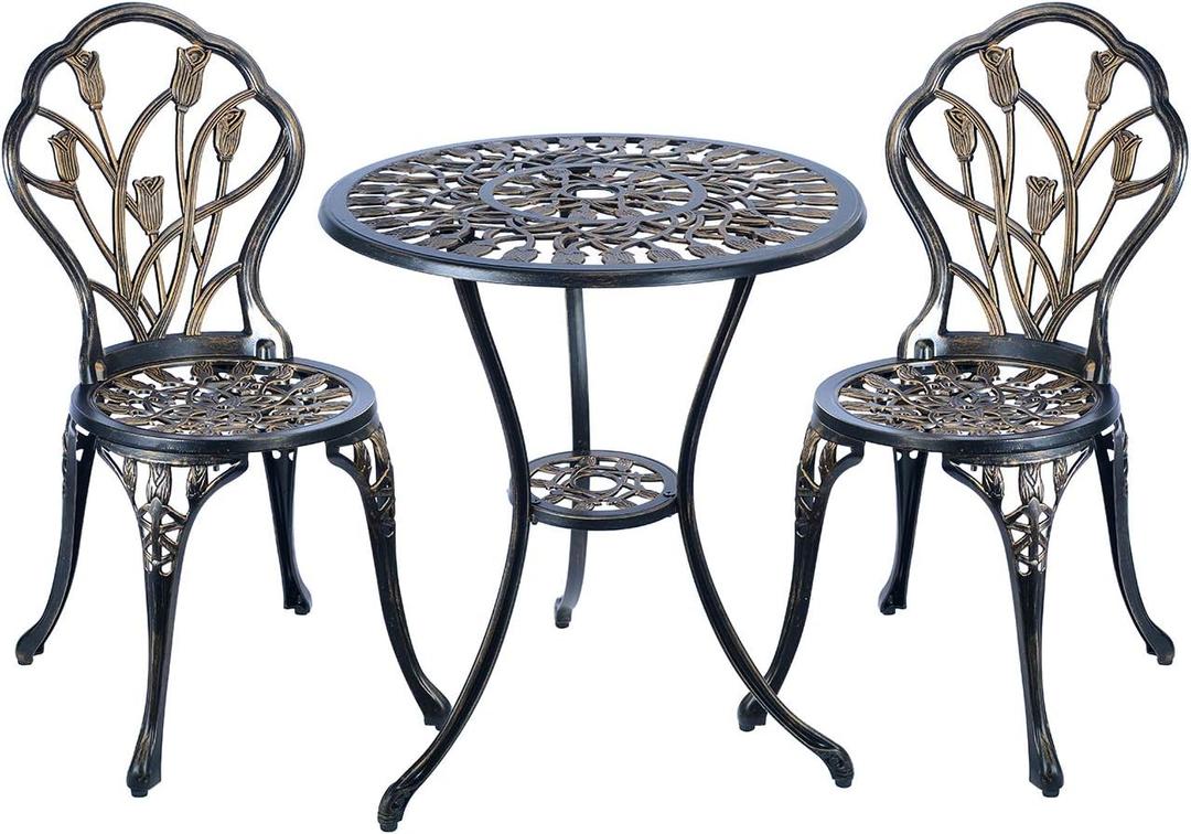 C/G 3 Piece Bistro Set,Outdoor Patio Set,Anti-Rust Cast Aluminum Bistro Table Set for Park Yard Front Porch Furniture(Antique Copper), Tulip