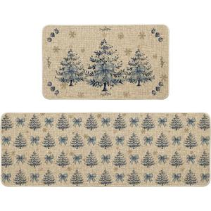 Artoid Mode Bow Tie Xmas Tree Snowflakes Christmas Kitchen Mats Set of 2, Winter Low-Profile Home Decor Kitchen Rugs for Floor - 17x29 and 17x47 Inch