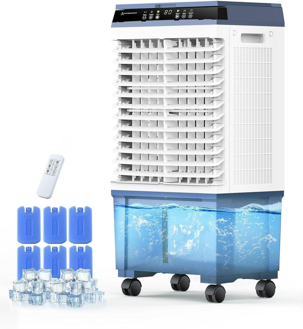 Air Choice Swamp Cooler, 1800 CFM Portable Evaporative Air Cooler with 6 Ice Box & 5.3 Gal Water Tank, 110 Swing, 3 Speeds, Upgraded Remote, 12H Timer, 3-in-1 Air Cooling Fan for Outdoor Indoor, Blue