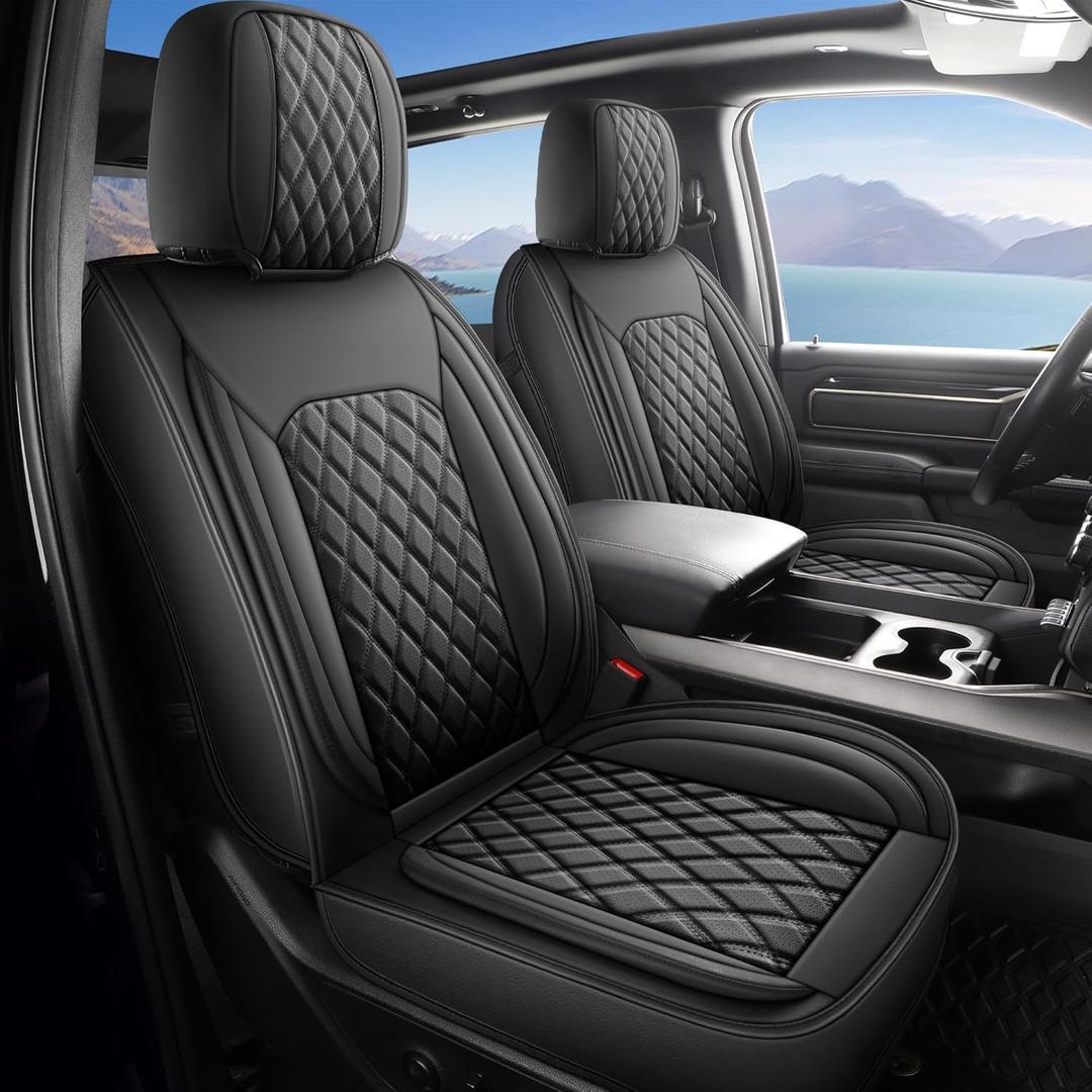 AOOG Leather Car Seat Covers Fit for Chevy Silverado, Faux Leather Seat Cover Fit for 2007-2013 & 2019-2024 1500, 2020-2024 2500HD 3500HD Silverado, Waterproof Seat Covers Custom, Front Set, Black