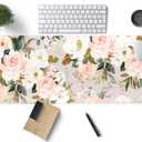 Pink Flowers Keyboard Pad PC Gaming Desk Mat Desk Mouse Pads Green Leaves Floral Mouse Pad Large, Computer XL Big Mousepad Deskpad Mat with Stitched Edge for Women Home Office Decor 31.5x11.8 in