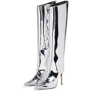 MissHeel Metallic Chrome Stiletto Knee High Fashion Boots with Side Zipper (9, Silver)