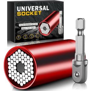 Universal Socket Tools Gifts for Men - Christmas Stocking Stuffers for Men Dad Him Husband Women Cool Stuff Ideas Gadgets Birthday Gifts for Dad Grip Socket Set with Power Drill Adapter (7-19mm) Red