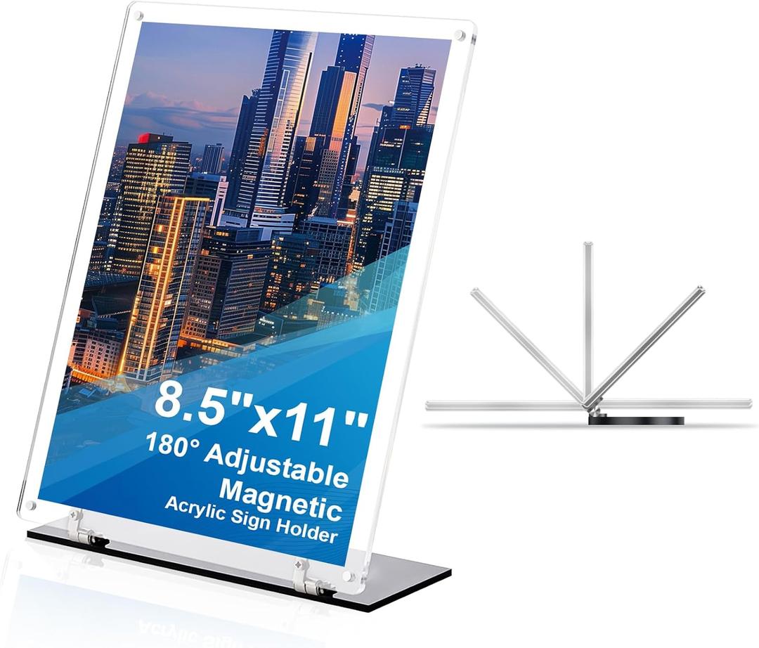 Adjustable Acrylic Sign Holder 8.5"x11", Magnetic Code Sign Menu Stand with Stable Base, Double-Sided Clear Table Paper Display Holder For Office, 8.5"x11" Plastic Stand Up Frames For Store