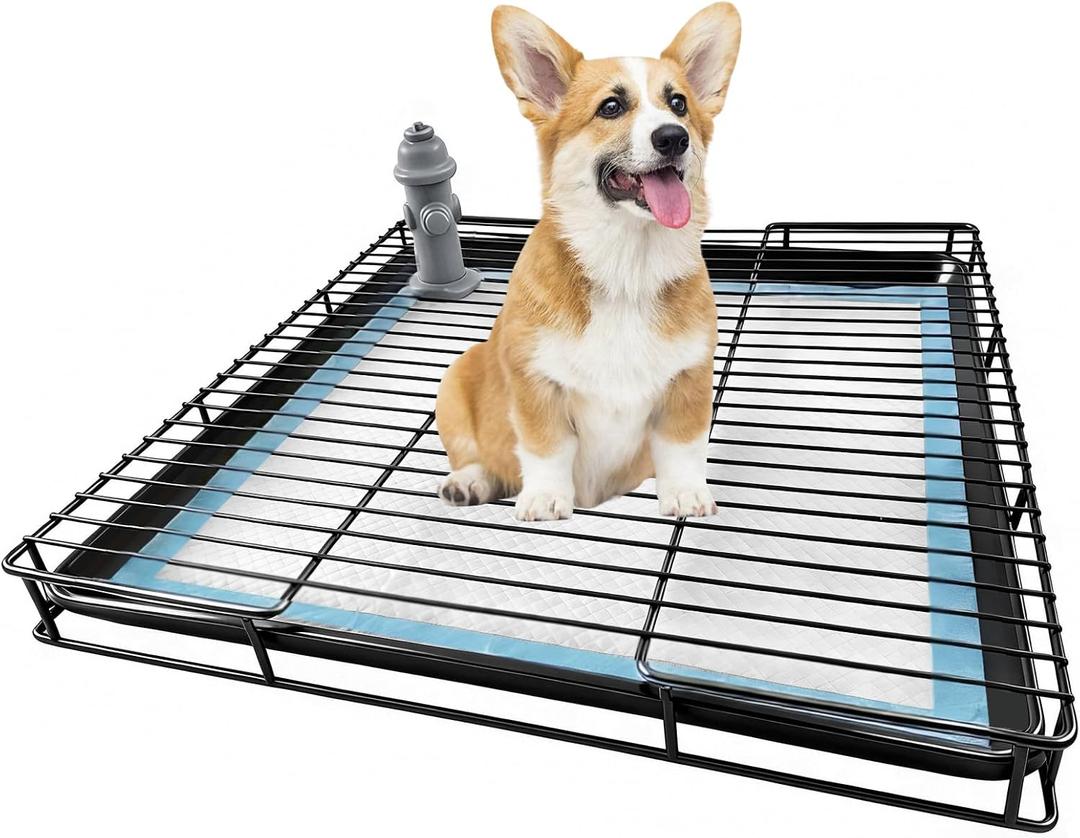 Puppy Potty Tray for Small Dogs, 304 Stainless Steel Pee Pad Holder with Fire Hydrant Pee Post & 10 Pads, 23 x 21.7 in Indoor Dog Potty for Apartment & Puppy Training