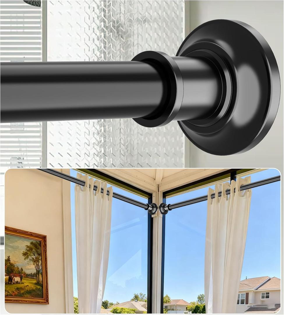 Tension Curtain Rod Long Curtain Rods No Drilling 43-100 Inch Adjustable Black Shower Curtain Rod 1.1 Inch Diameter Thick Heavy Duty Shower Rod for Windows Bathroom Outdoor No Rust