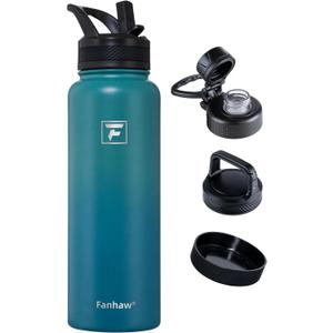 Fanhaw 40 oz Insulated Water Bottle  Stainless Steel Flask with 3 Lids (Straw, Spout, Carabiner) | Durable, Leakproof, for Hiking, Camping, Outdoor Adventures & Travel (Green Blue)