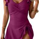 Aidonger One Piece Swimdress Tummy Control Ruffle Swimsuit for Women Tie Knot Swim Dresses V Neck Bathing Suit Skirt (Purple, X)