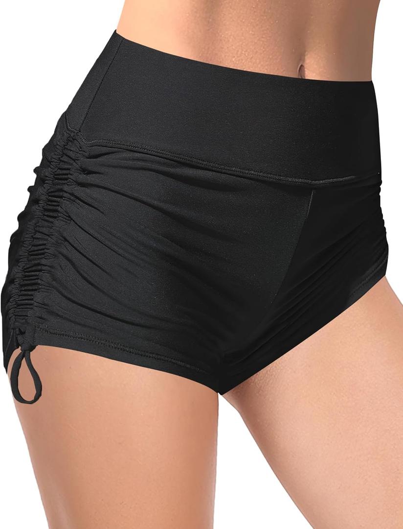 Buauty Women's Swim Shorts High Waisted Bathing Suit Bottoms Adjustable Side Tie Swimsuit Boy Short Pants Swimwear UPF50+ (Medium, Black)