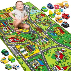 JOYIN Carpet Playmat w/ 12 Cars Pull-Back Vehicle Set for Kids Age 3+, Jumbo Play Room Rug, City Pretending Play