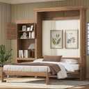 Queen Size Murphy Bed with Storage Shelves, Space Saving Wall Bed Frame, Solid Wood Fold Down Bed with Louvered Door, Easy Assembly