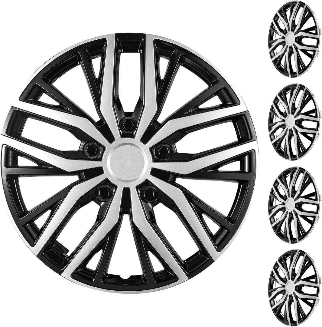 16 Inch Universal Hubcaps Wheel Covers, Snap-On Wheel Rim Covers for Cars and SUVs, Compatible with Most Steel Wheels, Set of 4 (Silver and Black)