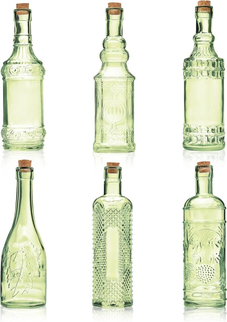 Assorted Green Glass Bottles with Corks, 6 Pack, 2.5in X 9in, 16oz (Green)