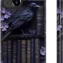 for iPhone 14 Plus Case Cute–Wireless Charging Compatible – Dual-Layer Hard Shell + Silicone Cover - Trendy Design – Protective Phone Case for Women - Purple Gothic Raven Bookshelf