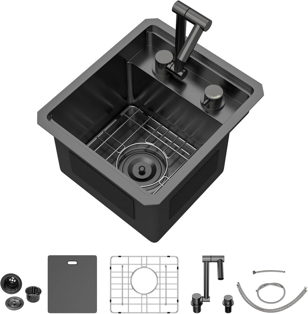 Rv Kitchen Sink - 13 x 15 Inch Undermount Bar Sink Gunmetal Black NANO-PVD 16 Gauge 304 Stainless Steel Single Bowl Rv Hidden Kitchen Sinks Basin with Faucet Space-Saving #TLRV-0006
