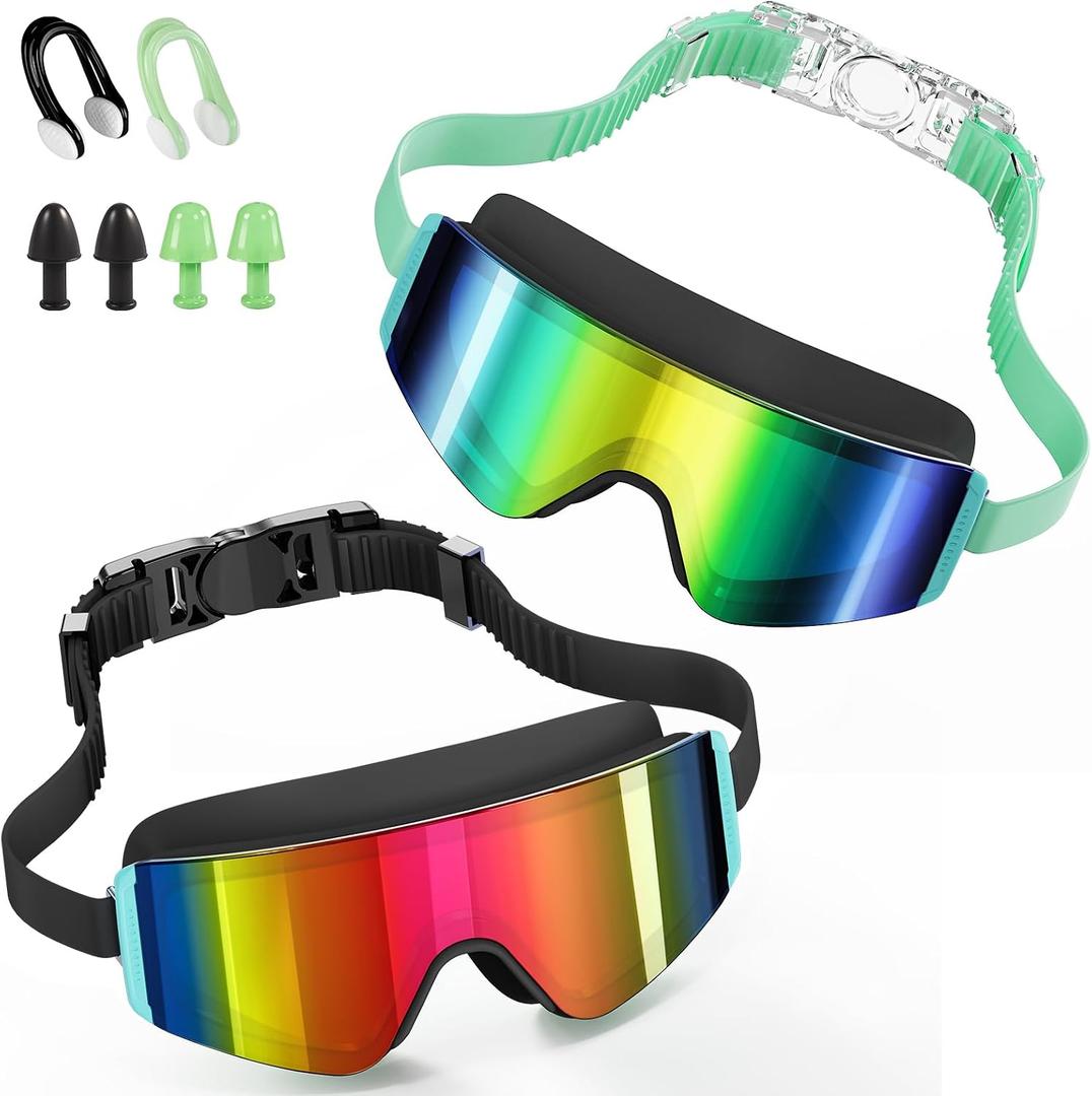 Aegend Kids Swim Goggles 2 Pack – Large Frame Anti Fog Soft Silicone Leak Proof UV Protection for Boys Girls Age 3-15 (Black/Iridescent Pink Plated+Black/Emerald Green/Iridescent Gold Plated)