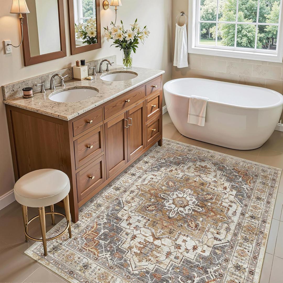 Madane Washable Entry Rug 3x4, Area Rugs for Entryway Kitchen Bathroom Door Mat Indoor Entrance, Vintage Floral Print Office Runner with Non Slip Rubber Backing, Turmeric/Grey