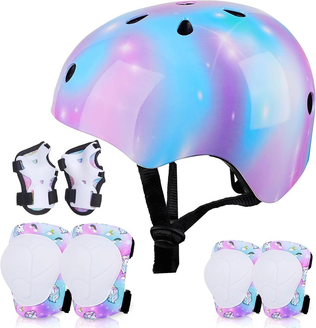 FIODAY Kids Helmet Knee Pads for Kids Unicorn Knee and Elbow Pads Wrist Guards Adjustable Protective Gear Set for Girls Boys Sports Skateboard Inline Skating Scooter (Small, Blue Purple)