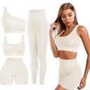 4 Pcs Women's Workout Sets Pilates Exercise Outfit Ribbed Scoop Neck Sports Bra Shorts Leggings Gym Clothes Set Large