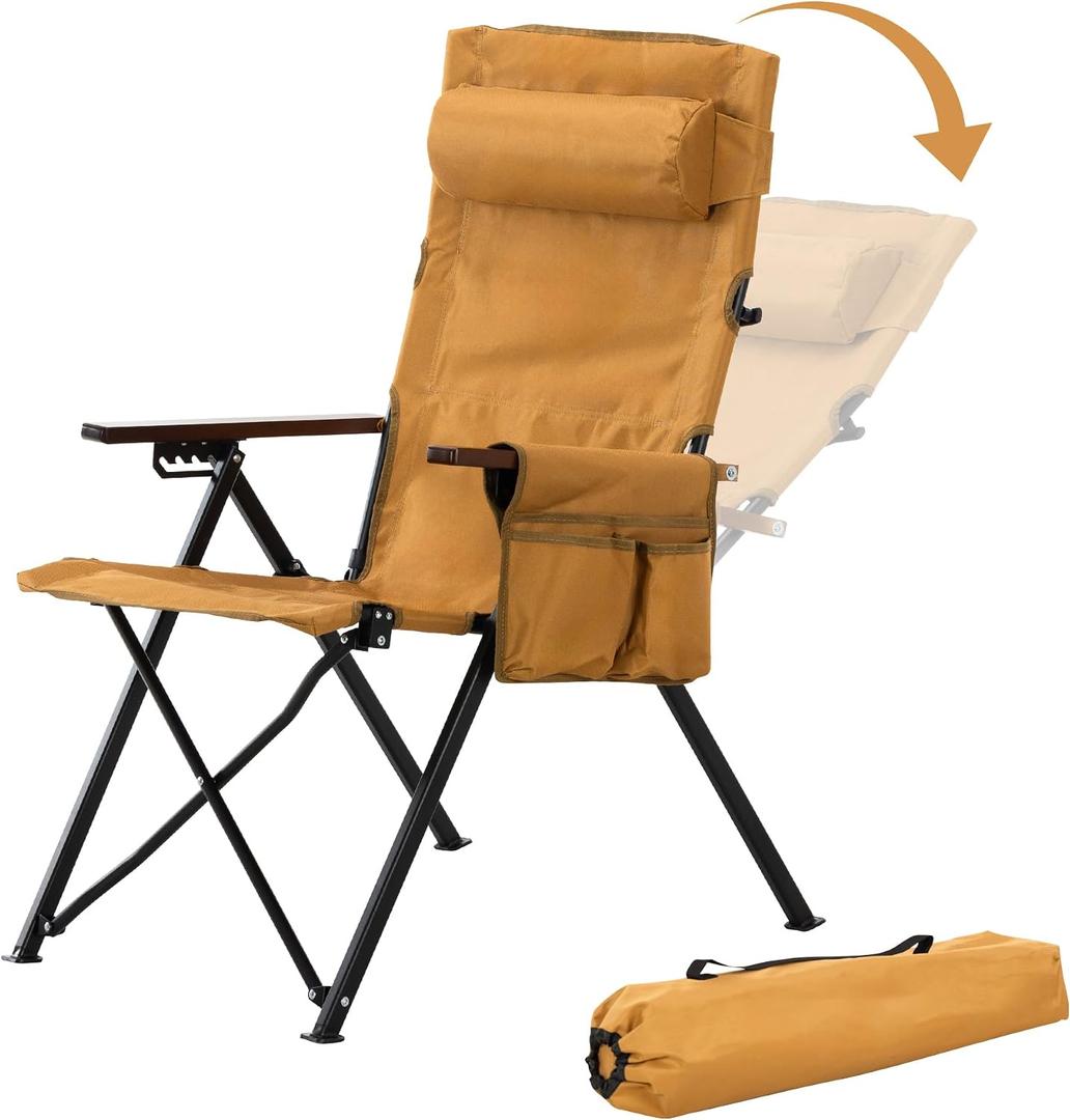 Frassie Camping Chair for Adults Heavy Duty 300 lbs, Folding Lawn Chairs Portable Outdoor with Adjustable Back Detachable Headrest, Side Pocket, Mesh Storage, Yellow