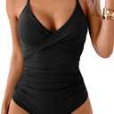 B2prity Women's One Piece Swimsuits Tummy Control Front Cross Bathing Suits Tie Back Slimming V Neck Swimwear (Medium, Black Solid Color)