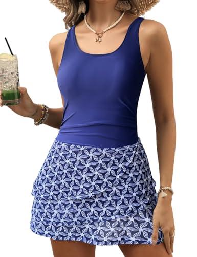 CiCiBird Women Tummy Control Swimsuits One Piece Swim Dresses Bathing Suit Skirt Swimwear Navy Blue Floral M