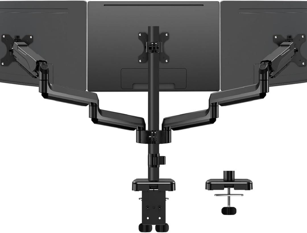 MOUNTUP Triple Monitor Mount for 17-32 inch Screens, Full Motion Triple Monitor Stand, 3 Monitors Desk Mount Holds 4.4-19.8 lbs Each, Clamp & Grommet Mounting, Black
