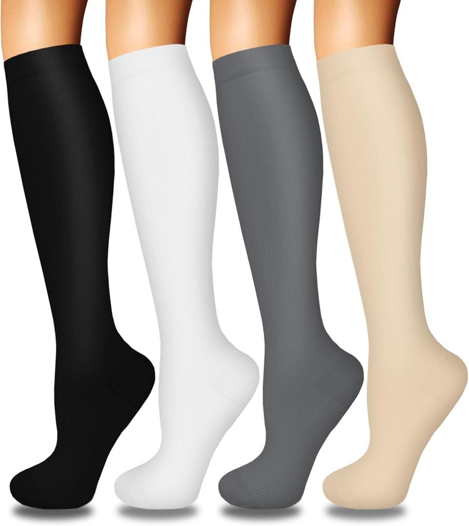 Iseasoo 4 Pairs Compression Socks for Women Circulation-Best Support for Nurses,Running,Athletic,Travel (Large-X-Large, 03-Black/White/Gray/Nude)