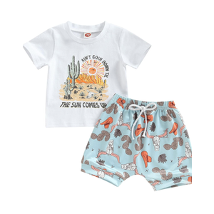 Western Baby Boy Clothes Highland Cow Farm Print T-shirt Casual Shorts Toddler Summer Country Cowboy Clothes Outfit 90