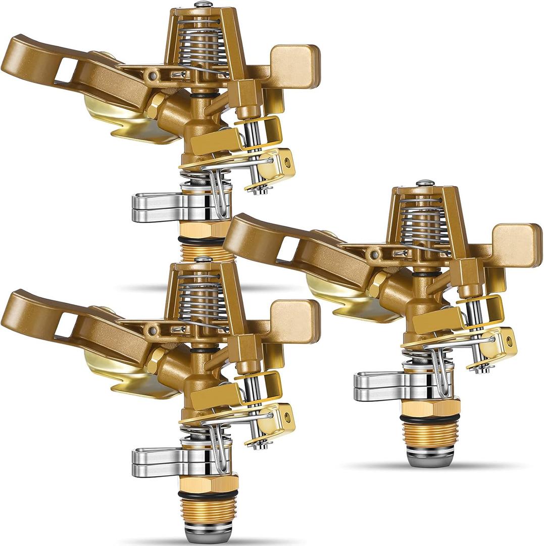 Ferraycle 3 Pieces 1/2 Inch Brass Impact Sprinkler Head with Nozzles Heavy Duty Adjustable 0-360 Degrees Impulse Sprinkler Head Lawn Watering for Yard Irrigation