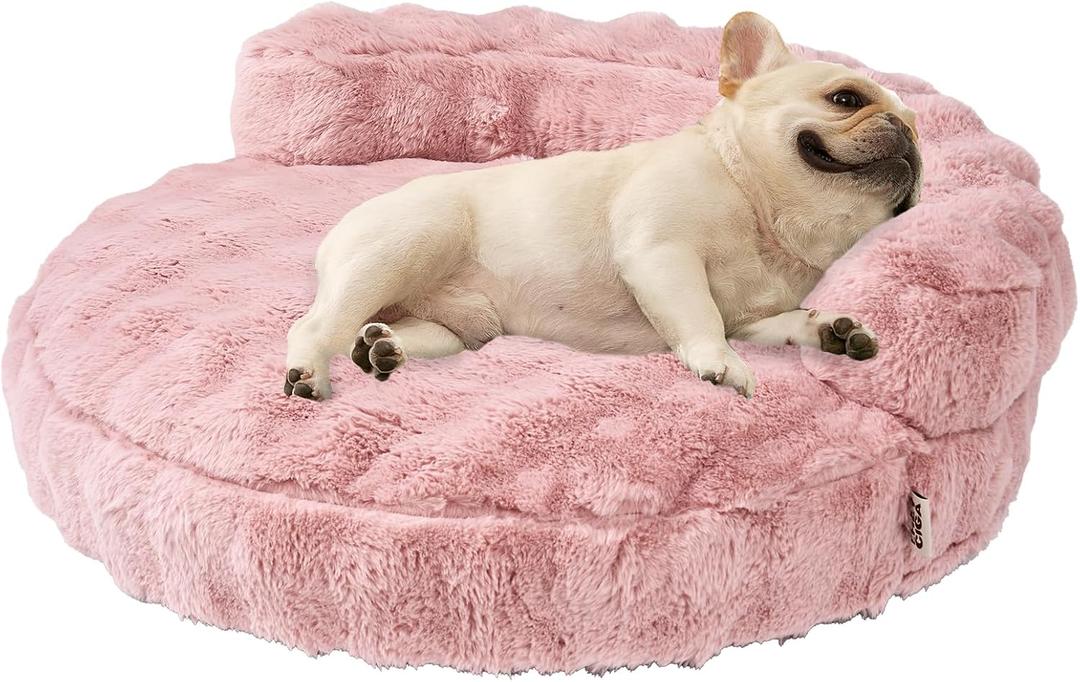 EHEYCIGA Medium Dog Bed and Large Cat Couch – Fluffy Faux Rabbit Fur Pet Sofa for Small and Medium Dogs, Washable Removable Cover, Waterproof and Non-Slip, 30 Inch, Pink