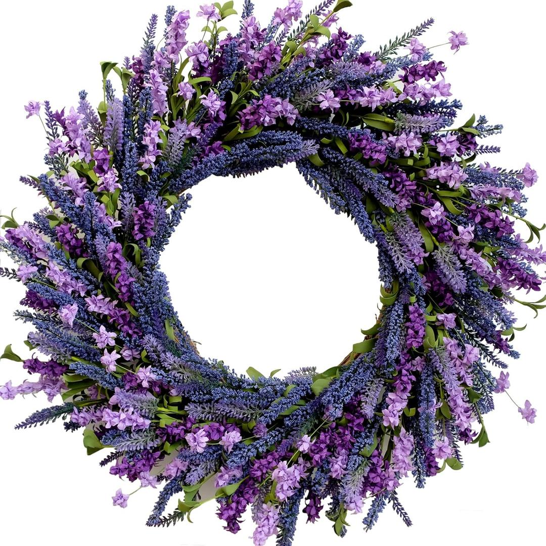 26 Inch Purple Lavender Flower Wreath for Front Door, Spring Summer Forsythia Lavender Flowers Wreath for Indoor and Outdoor Decor, Rustic and Farmhouse Purple for Home