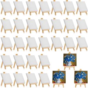 32 Pack 4 x 4 Inch Mini Canvases with Easel Sets for Painting Small Art Stretched Canvases Panels Pack with Wood Display Easel for Kids Classroom Crafts Operation Christmas Gifts Items