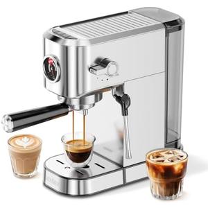 XIXUBX 20Bar Espresso Machine, Compact Espresso Maker with Milk Frother, Stainless Steel Coffee Machine for Cappuccino&Latte, 42oz Water Tank, Visible Pressure Gauge, Home&Office, Silver