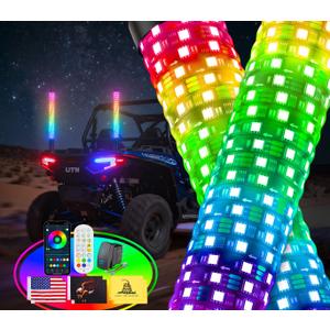 Ehaho 2PCS 1FT Fat Whip Lights for UTV ATV, Led Fatty Whip Light W/Rocker Switch & 6 Flags, Brighter Spiral Chasing Lighted Antenna Whip with APP & Remote Control for RZR SXS