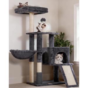 Heybly Cat Tree with Cat Self Groomer Brush, Cat Tower Condo for Indoor Cats with Padded Plush Perch, Cat House with Basket Scratching Board Post, Smoky Gray HCT005SG (42.5 inch)